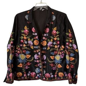 Anu 100% silk floral embroidered blazer jacket XL Lined
